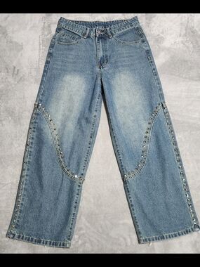 Manfinity Studded Wide Leg Denim Jeans XS Light Wash Y2K Streetwear Pants